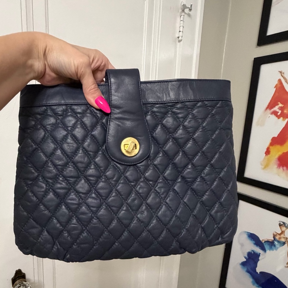 Vintage Quilted Navy Leather Shoulder Bag with Gold TurnLock gold plated straps